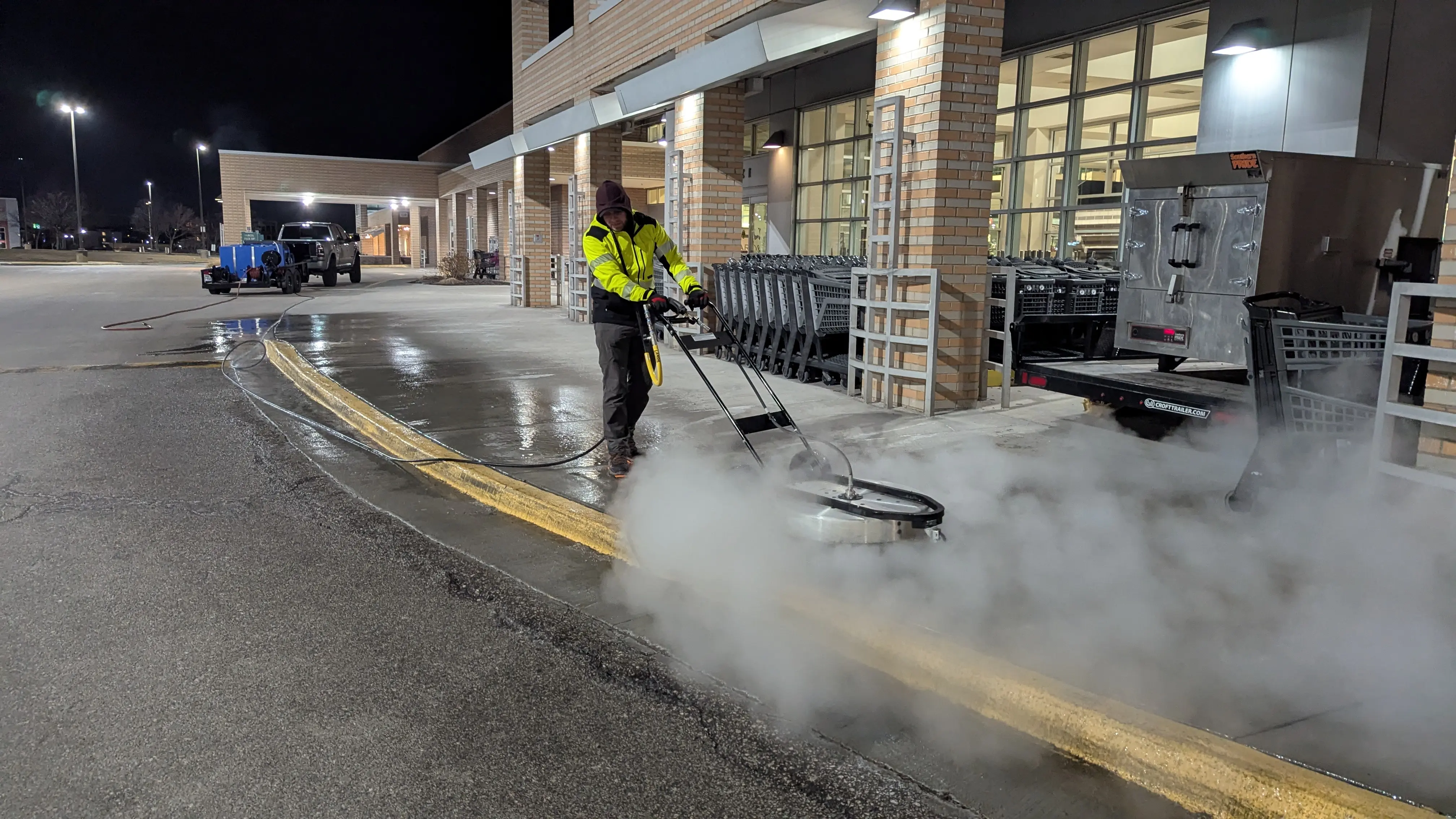 Professional pressure washing of commercial storefront sidewalk and entrance area